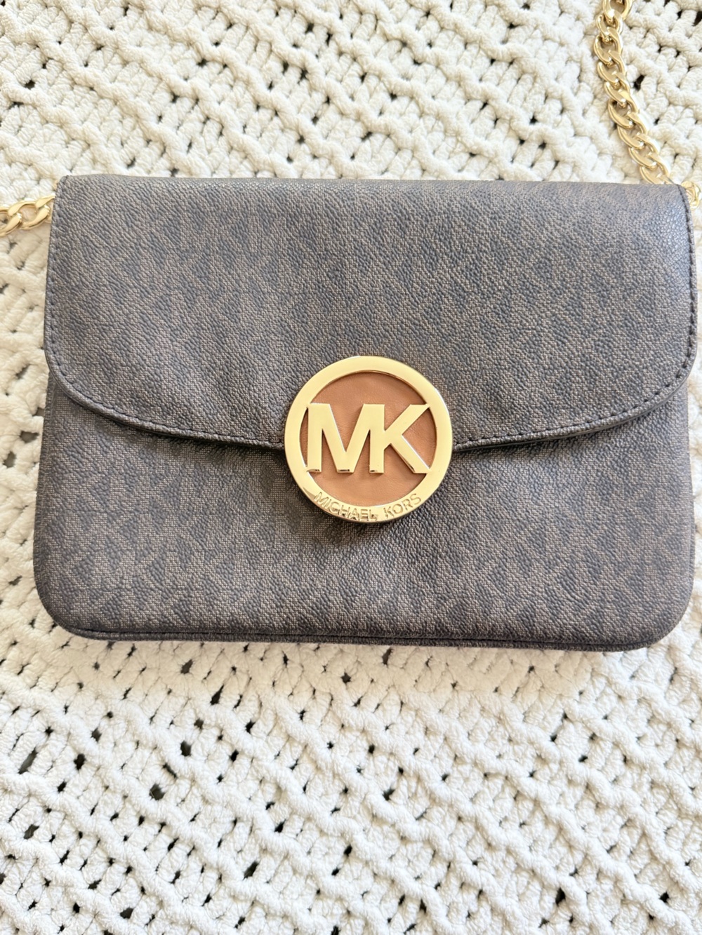 Michael Kors Fulton Brown Logo Crossbody with Gold MK Emblem and Chain
